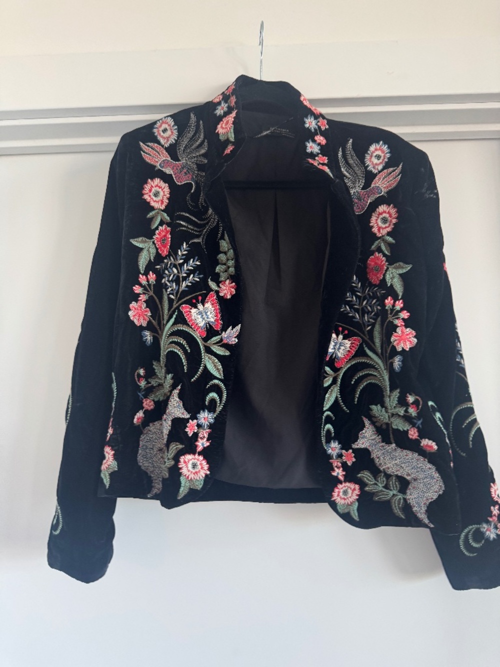 Zara Black Velvet Embroidered Floral & Bird Blazer